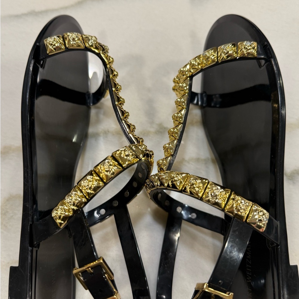 Stuart Weitzman Jelly Sandals Size 8 Black Gold Embellishments - Picture 8 of 11
